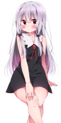 Rule 34 | 1girl, arm support, bare legs, black dress, blush, bolo tie, brooch, collar, collared dress, commentary request, cowboy shot, crossed legs, dress, expressionless, eyes visible through hair, gem, grey hair, hair between eyes, hair over shoulder, hand on own thigh, highres, jewelry, pink eyes, short dress, simple background, sitting, sk02, sleeveless, sleeveless dress, solo, sophie twilight, tonari no kyuuketsuki-san, white background, white collar