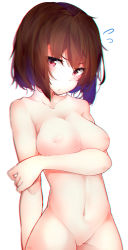 Rule 34 | 1girl, absurdres, arm at side, artist request, blush, breast hold, breasts, brown eyes, brown hair, chromatic aberration, collarbone, groin, highres, large breasts, looking at viewer, navel, nipples, nude, original, pussy, second coming, serious, short hair, signature, simple background, solo, uncensored, white background