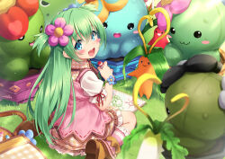 Rule 34 | 1girl, blue eyes, boots, breasts, checkered clothes, collared dress, crayon, dress, emil chronicle online, flower, grass, green hair, hair flower, hair ornament, holding, holding crayon, inou shin, long hair, looking at viewer, multiple others, open mouth, pink dress, shabotan alma, short sleeves, short twintails, sitting, small breasts, smile, socks, twintails, wariza