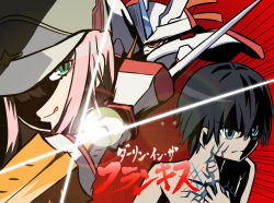 Rule 34 | 10s, 1boy, 1girl, black hair, blue eyes, couple, darling in the franxx, green eyes, hand on own chest, hat, hiro (darling in the franxx), lipstick, long hair, makeup, peaked cap, pink hair, scar, topless male, short hair, strelizia, teaclaw, zero two (darling in the franxx)