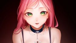 Rule 34 | 1girl, akashiya moka, artist request, choker, cross, dot nose, green eyes, long hair, looking at viewer, non-web source, parted lips, pink hair, rosario+vampire, solo, source request, spaghetti strap, upper body