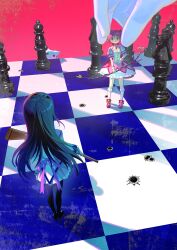 Rule 34 | 2girls, absurdres, akemi homura, black footwear, black hair, black hairband, board game, boots, bow (weapon), bullet hole, chess, chess piece, chessboard, chinese commentary, commentary request, dress, foreshortening, frilled dress, frilled sleeves, frilled socks, frills, from above, gloves, gun, hairband, hand on another&#039;s head, highres, holding, holding bow (weapon), holding gun, holding weapon, kaname madoka, kneehighs, kyubey, long hair, magical girl, mahou shoujo madoka magica, mahou shoujo madoka magica (anime), multiple girls, out of frame, picking up, pink background, pink dress, pink eyes, pink hair, puffy short sleeves, puffy sleeves, red footwear, rifle, san wu mao liang, shoes, short hair, short sleeves, size difference, skirt, socks, standing, thigh boots, weapon, white gloves, white skirt, white socks