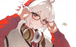 Rule 34 | 1boy, bespectacled, black-framed eyewear, blush, closed mouth, commentary, crossed bangs, genshin impact, glasses, hair between eyes, hands on eyewear, headphones, headphones around neck, highres, kaedehara kazuha, kaedehara kazuha (mcdonalds), long sleeves, looking at viewer, male focus, mochimiya (coyo), multicolored hair, official alternate hairstyle, ponytail, red eyes, red hair, simple background, solo, sweater vest, symbol-only commentary, twitter username, upper body, white background, white hair