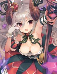 Rule 34 | 10s, 1girl, armpits, bare shoulders, breasts, crown, demon horns, downblouse, floating hair, foreshortening, gloves, hair between eyes, holding, holding staff, horns, idolmaster, idolmaster cinderella girls, kanzaki ranko, long hair, looking at viewer, medium breasts, mini crown, open mouth, smile, solo, staff, tetsujin momoko, v, white gloves