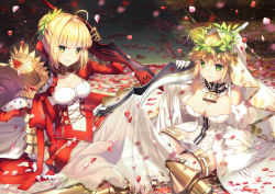 Rule 34 | 10s, 2girls, aestus domus aurea, aestus estus, ahoge, arm support, artist name, artoria pendragon (all), artoria pendragon (fate), bare shoulders, blonde hair, bodysuit, breasts, bridal veil, bride, chain, cleavage, detached sleeves, dress, elbow gloves, epaulettes, fate/extra, fate/extra ccc, fate (series), gloves, green eyes, hair intakes, leotard, lock, long sleeves, looking at viewer, lying, medium breasts, multiple girls, nero claudius (bride) (fate), nero claudius (fate), nero claudius (fate) (all), nero claudius (fate/extra), on side, padlock, parted lips, petals, ponytail, puffy long sleeves, puffy sleeves, red dress, rosuuri, saber (fate), see-through, sitting, skirt, smile, veil, weapon, wedding dress, white leotard, white skirt, zipper