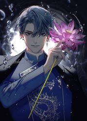 Rule 34 | 1boy, :|, black eyes, black jacket, blue shirt, buttons, closed mouth, double-breasted, dragon print, earrings, flower, hair between eyes, high collar, highres, holding, holding flower, jacket, jacket on shoulders, jewelry, koshika rina, looking at viewer, male focus, original, parted hair, print shirt, purple flower, serious, shirt, sidelocks, single earring, solo, straight-on, suit jacket, upper body, water drop