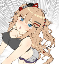 Rule 34 | 1girl, akai haato, alternate costume, blonde hair, blue eyes, blush, bow, breasts, casual, cleavage, cowboy shot, crop top, exercising, flower, from above, gym shorts, hair bow, hair flower, hair ornament, hair tie, hairclip, heart, heart hair ornament, highres, hololive, jewelry, large breasts, long hair, midriff, motion lines, open mouth, oshiruko (oshiruco 212048), pain, ring, ring fit adventure, shorts, solo, speed lines, sweat, tank top, tearing up, tsurime, two side up, very long hair, virtual youtuber, white background