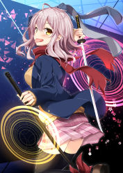 Rule 34 | 1girl, ahoge, bad id, bad pixiv id, black thighhighs, blazer, blue jacket, blush, breasts, brown eyes, brown footwear, brown sweater, commentary request, fingernails, hair between eyes, hand up, highres, holding, holding sheath, holding sword, holding weapon, jacket, katana, long hair, long sleeves, looking at viewer, looking to the side, magic circle, on head, open clothes, open jacket, original, pink hair, pink skirt, plaid, plaid skirt, pleated skirt, red scarf, sasahara wakaba, scarf, sheath, shoes, skirt, sleeves past wrists, small breasts, solo, stuffed animal, stuffed rabbit, stuffed toy, sweater, sword, thighhighs, weapon
