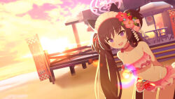 Rule 34 | 1girl, alternate hairstyle, animal ears, artist request, blue archive, blush, breasts, brown hair, cat ears, collarbone, fake animal ears, flower, game cg, hair flower, hair ornament, halo, highres, maid headdress, medium breasts, non-web source, official alternate costume, official art, purple eyes, shizuko (blue archive), shizuko (swimsuit) (blue archive), simple background, solo, white background