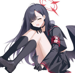 Rule 34 | 1girl, armband, black choker, black footwear, black gloves, black hair, black serafuku, black skirt, black socks, black wings, blue archive, blush, choker, closed eyes, commentary, feathered wings, gloves, hair ornament, hairclip, halo, highres, ichika (blue archive), long hair, long sleeves, nekoln, open mouth, pleated skirt, red armband, red halo, safety pin, school uniform, serafuku, shoes, simple background, skirt, smile, socks, solo, v, white background, wings