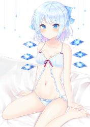 Rule 34 | 1girl, :o, babydoll, bad id, bad pixiv id, blue babydoll, blue eyes, blue hair, blue panties, blush, bow, breasts, cirno, collarbone, commentary request, detached wings, frilled panties, frills, groin, hair bow, light blue hair, lingerie, looking at viewer, navel, nibosi, on bed, panties, short hair, simple background, sitting, small breasts, solo, tareme, touhou, underwear, underwear only, wariza, white background, wings