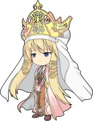 1girl absurdres blonde_hair blue_eyes chibi crown elicia_(luminous_arc_2) fingerless_gloves full_body gloves highres luminous_arc luminous_arc_2 md5_mismatch one-take pink_robe robe solo transparent_background white_veil