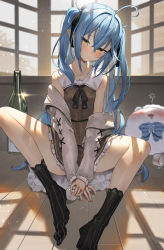 Rule 34 | 1girl, absurdres, ahoge, alternate breast size, bare shoulders, between legs, black ribbon, black socks, blue eyes, blush, brown cardigan, brown dress, cardigan, closed mouth, coat, cup, dress, drunk, hair between eyes, hair ribbon, hand between legs, head tilt, heart, heart ahoge, highres, holding, holding cup, hololive, looking at viewer, mug, no shoes, off shoulder, official alternate costume, on floor, open cardigan, open clothes, pointy ears, ribbon, scottie (phantom2), sitting, socks, solo, spread legs, striped clothes, striped socks, twintails, unworn coat, vertical-striped clothes, vertical-striped socks, virtual youtuber, wooden floor, yellow eyes, yukihana lamy, yukihana lamy (casual), yukimin (yukihana lamy)