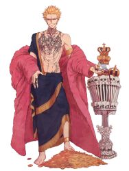 Rule 34 | 1boy, alcohol, anklet, blonde hair, blue tunic, bone, chest tattoo, coat, coin, crown, cup, donquixote doflamingo, drinking glass, earrings, full body, gold coin, grin, hand on own hip, highres, holding, jewelry, looking at viewer, male focus, multiple rings, necklace, one piece, pink coat, ring, short hair, simple background, skull, smile, standing, starch syrup, stomach tattoo, sunglasses, tattoo, topless male, white background, wine, wine glass