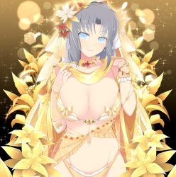 Rule 34 | 1girl, armgloves, bare hips, bare legs, bikini, blue eyes, bracelet, breasts, cameltoe, cape, cape lift, cleavage, flower, grey hair, hair flower, hair ornament, highres, jewelry, large breasts, looking at viewer, parted lips, revealing clothes, senran kagura, short hair, smile, solo, swimsuit, thick thighs, thighs, veil, yumi (senran kagura)