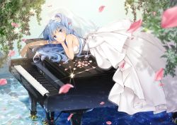 Rule 34 | 1girl, absurdres, armpit crease, bare arms, bare shoulders, blue eyes, blue hair, blurry, blush, breasts, cherry blossoms, closed mouth, commentary request, depth of field, diffraction spikes, dress, grand piano, hair ornament, highres, instrument, light, light particles, long dress, long hair, medium breasts, one side up, original, petals, piano, plant, reflection, ripples, smile, solo, water, white dress, yoshida iyo