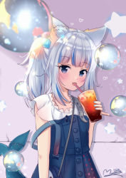 Rule 34 | 1girl, :d, animal ears, bag, belt, blunt bangs, bubble, bubble tea, cat ears, collarbone, commentary request, cup, drinking glass, drinking straw, drinking straw in mouth, fins, fish tail, gawr gura, gawr gura (casual), grey eyes, handbag, holding, holding cup, hololive, hololive english, kemonomimi mode, long hair, looking at viewer, m ko (maxft2), multicolored hair, open mouth, ponytail, shark tail, short sleeves, sidelocks, smile, solo, streaked hair, suspenders, tail, two-tone hair, virtual youtuber, white hair
