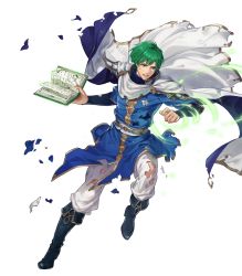 Rule 34 | 1boy, belt, book, boots, cape, ced (fire emblem), fire emblem, fire emblem: genealogy of the holy war, fire emblem heroes, full body, green eyes, green hair, highres, holding, holding book, injury, male focus, matching hair/eyes, nintendo, official art, solo, suda ayaka, teeth, torn clothes, transparent background, wind