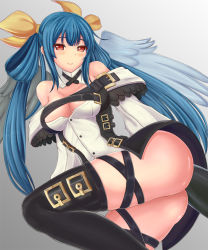 Rule 34 | 1girl, 77ouzi, arc system works, ass, asymmetrical wings, bare shoulders, black legwear, blue hair, blush, breasts, choker, detached sleeves, dizzy (guilty gear), guilty gear, guilty gear xrd, guilty gear xrd: revelator, hair ribbon, large breasts, long hair, looking at viewer, red eyes, ribbon, shiny clothes, shiny skin, smile, solo, tail, twintails, very long hair, wings