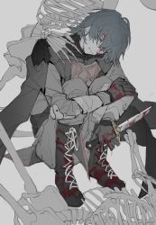 Rule 34 | 1boy, armor, black armor, blood, blood on clothes, blood on face, blue eyes, blue hair, boots, byleth (fire emblem), byleth (male) (fire emblem), cape, chinese text, dagger, fire emblem, fire emblem: three houses, full body, greaves, knife, male focus, nintendo, short hair, simple background, sitting, skeleton, solo, urotozm, weapon, white background
