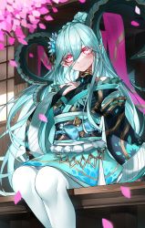 Rule 34 | 1girl, aqua hair, aqua kimono, aqua nails, aqua ribbon, black kimono, blush, braid, breasts, bridal gauntlets, casul, cherry blossoms, closed mouth, commentary, curled horns, english commentary, eyelashes, fate/grand order, fate/grand order arcade, fate (series), feet out of frame, fingernails, french braid, gem, gloves, green gloves, hair between eyes, hair ornament, hand on own chest, highres, horns, japanese clothes, kimono, larva tiamat (fate), long hair, long horns, long sleeves, looking at viewer, multicolored clothes, multicolored kimono, nail polish, off shoulder, outdoors, petals, pink eyes, pointy ears, ribbon, sash, sidelocks, sitting, small breasts, smile, solo, sweater, symbol-shaped pupils, tassel, tiamat (fate), turtleneck, turtleneck sweater, very long hair, white legwear, wide sleeves, x-shaped pupils