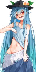 Rule 34 | 1girl, absurdres, black hat, blue camisole, blue hair, blush, camisole, camisole lift, clothes lift, collarbone, food, fruit, groin, hat, highres, hinanawi tenshi, lifting own clothes, long hair, looking at viewer, navel, open mouth, peach, red eyes, simple background, solo, stomach, sweat, touhou, tsune (tune), very long hair, white background