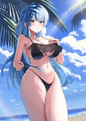 Rule 34 | 1girl, absurdres, beach, bikini, black bikini, blue eyes, blue hair, blue sky, braid, breasts, cleavage cutout, clothing cutout, cloud, collarbone, commentary request, commission, frilled bikini, frills, goddess of victory: nikke, hair ribbon, helm (nikke), highleg, highres, large breasts, legs together, lens flare, long hair, looking at viewer, navel, ocean, onyu on, outdoors, palm leaf, parted lips, pixiv commission, ribbon, sky, solo, standing, stomach, sunlight, swimsuit, thick thighs, thighs, very long hair