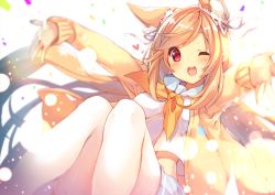 Rule 34 | 1girl, animal ear fluff, animal ears, blonde hair, blush, breasts, commentary request, fang, fox ears, hair ornament, long hair, long sleeves, looking at viewer, one eye closed, open mouth, original, outstretched arms, p19, red eyes, school uniform, skirt, smile, solo, tail, very long hair, virtual youtuber