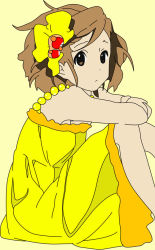 Rule 34 | 00s, 1girl, bad id, bad pixiv id, bow, brown eyes, brown hair, don&#039;t say &quot;lazy&quot;, dress, female focus, hair bow, hirasawa yui, hugging own legs, k-on!, maronii@mokoa, simple background, sitting, solo