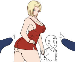 Rule 34 | 1girl, 3boys, alternate ass size, android 18, ass, bald, bangle, bare arms, bare shoulders, blonde hair, blue eyes, bracelet, breasts, cleavage, cowboy shot, dragon ball, dragonball z, dress, erection, height difference, jewelry, kuririn, microdress, multiple boys, nail polish, no bra, no nose, penis, pinkpawg, red dress, red nails, revealing clothes, short hair, simple background, sleeveless, sleeveless dress, standing, thick thighs, thighs, white background