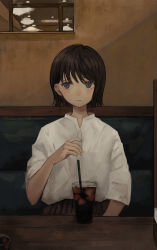 Rule 34 | 1girl, absurdres, bad id, bad pixiv id, blush, bob cut, booth seating, brown eyes, brown hair, drink, drinking straw, glass, hand up, highres, ice, ice cube, light blush, light frown, looking to the side, maoyasumisumi, mirror, original, pleated skirt, raised eyebrows, restaurant, shirt, sitting, skirt, soda, solo, table, white shirt