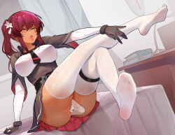 Rule 34 | 1girl, bed, black dress, black gloves, breasts, dark skin, dildo, dress, feet, flower, girls&#039; frontline, gloves, hair flower, hair ornament, hairclip, legs, legs up, looking at viewer, medium breasts, ninai, no shoes, object insertion, open mouth, panties, ponytail, red hair, saiga-12 (girls&#039; frontline), sex toy, side ponytail, skirt, soles, tan, thighhighs, toes, tongue, tongue out, underwear, vaginal, vaginal object insertion, white panties, white thighhighs, yellow eyes