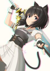 Rule 34 | 1girl, 1other, absurdres, animal ears, black corset, black hair, blue eyes, cat ears, cat tail, chest armor, corset, cupman, dot mouth, dress, flat chest, fran (tensei shitara ken deshita), from side, gloves, hair between eyes, highres, holding, holding sword, holding weapon, looking at viewer, open mouth, outstretched arm, partially fingerless gloves, shishou (tensei shitara ken deshita), sword, sword behind back, tail, tensei shitara ken deshita, weapon, white dress