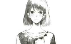 Rule 34 | 1girl, blush, bob cut, close-up, closed mouth, collarbone, commentary request, dress, greyscale, looking at viewer, monochrome, original, sakimori (hououbds), short hair, simple background, solo, white background