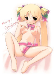 Rule 34 | 1girl, :p, bad id, bad pixiv id, barefoot, bell, blonde hair, breasts, christmas, christmas elf, convenient censoring, elf, feet, female focus, jiji (aardvark), long hair, looking at viewer, lying, naked ribbon, navel, nipples, nude, on back, original, pointy ears, pussy, pussy peek, ribbon, small breasts, solo, spread legs, tongue, tongue out, twintails, yellow eyes