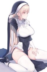 Rule 34 | 1girl, absurdres, armpit peek, armpits, blonde hair, breasts, frills, groin, hand in own hair, highres, kawaraya koh, large breasts, long hair, nijisanji, nun, shoes, sister claire, sister claire (1st costume), sitting, straight hair, thighhighs, thighs, virtual youtuber, white background