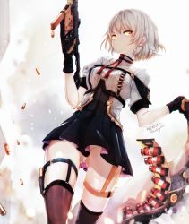 Rule 34 | 1girl, absurdres, black gloves, black skirt, blurry, blurry background, breasts, brown eyes, brown hair, brown thighhighs, bullet, closed mouth, commentary request, depth of field, girls&#039; frontline, gloves, gluteal fold, gun, hair between eyes, highres, holding, holding gun, holding weapon, huge filesize, kriss vector, looking at viewer, medium breasts, nekoya (liu), panties, pleated skirt, puffy short sleeves, puffy sleeves, revision, shirt, short sleeves, signature, skirt, solo, standing, submachine gun, thighhighs, underwear, vector (girls&#039; frontline), weapon, white panties, white shirt