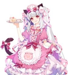 Rule 34 | animal ears, bow, cake, cat ears, cat tail, clothes lift, commission, cup, dress, dress lift, food, frilled dress, frills, hairband, lolita fashion, lolita hairband, long hair, looking at viewer, maid, maid headdress, open mouth, original, pink eyes, runastark, smile, solo, tail, tail bow, tail ornament, teacup, transparent background, twintails, white hair