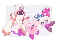 Rule 34 | 1other, 2boys, blush, blush stickers, border, bow, bowtie, brown footwear, cloak, emblem, fang, gold trim, hat, hood, hood up, hyness, jester cap, kirby, kirby: star allies, kirby (series), kirby super star, looking at another, marx (kirby), mouth veil, multiple boys, nintendo, no arms, open mouth, purple eyes, red bow, red neckwear, robe, roku (suzusuzu65972012), shaded face, sleeves past wrists, star (symbol), starry background, veil, very long sleeves, white border, white cloak, white headwear, yellow eyes