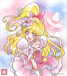 Rule 34 | 1girl, asahina mirai, blonde hair, bow, cure miracle, gloves, hair bow, half updo, hat, highres, long hair, magical girl, mahou girls precure!, mini hat, mini witch hat, official art, open mouth, pink bow, pink hat, precure, puffy sleeves, purple eyes, smile, solo, third-party source, white gloves, witch hat