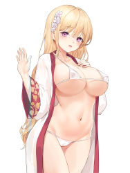 Rule 34 | 1girl, absurdres, bad id, bad pixiv id, bikini, blonde hair, blush, breasts, cleavage, commission, cowboy shot, flower, hair flower, hair ornament, hand on own chest, hands up, highres, large breasts, lillly, long hair, long sleeves, looking at viewer, micro bikini, navel, open clothes, open robe, original, purple eyes, robe, simple background, solo, stomach, swimsuit, white background, white bikini, white robe, wide sleeves