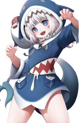 Rule 34 | 1girl, absurdres, animal costume, animal hood, bite mark, bloop (gawr gura), blue eyes, blue hair, blush, doyoon 7, fins, fish tail, gawr gura, gawr gura (1st costume), hat, highres, hololive, hololive english, hood, long sleeves, looking at viewer, medium hair, multicolored hair, no pants, open mouth, shark costume, shark girl, shark hood, shark print, shark tail, sharp teeth, solo, stitches, streaked hair, tail, teeth, two-tone hair, virtual youtuber, white background, white hair, wide sleeves