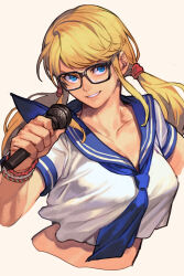 Rule 34 | alternate costume, blonde hair, blue eyes, capcom, crop top, glasses, hungry clicker, microphone, rainbow mika, sailor collar, sailor shirt, school uniform, shirt, simple background, street fighter, street fighter v, tagme, twintails, wristband