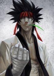 Rule 34 | 1boy, 2011, bandages, black hair, brown eyes, clenched hand, dated, grey eyes, hairband, highres, leaf, looking at viewer, male focus, maphenix, mouth hold, open clothes, open shirt, rurouni kenshin, sagara sanosuke, sarashi, shirt, signature, smile, solo, spiked hair, upper body, wrist wrap