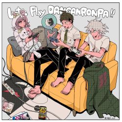 Rule 34 | 1girl, 2boys, :o, ahoge, album cover, alternate costume, animal ears, barefoot, black pants, bow, breast pocket, brown eyes, brown hair, brown skirt, buttons, cable, collared shirt, commentary request, controller, copyright name, cosplay, couch, cover, danganronpa (series), danganronpa 2: goodbye despair, diaper, double-breasted, ear bow, fake animal ears, flipped hair, game console, game controller, green jacket, green neckwear, grey hair, halftone, halftone background, handheld game console, hands up, highres, hinata hajime, holding, holding controller, holding phone, hood, hood up, jacket, komaeda nagito, long sleeves, lying, medium hair, miniskirt, monokuma, monomi (danganronpa), monomi (danganronpa) (cosplay), multiple boys, nanami chiaki, necktie, no shoes, on couch, orange bow, pants, phone, pillow, pink hair, playing games, playstation controller, playstation portable, pocket, print shirt, rabbit ears, shirt, short hair, short sleeves, skirt, smile, speech bubble, tege (tege xxx), thighhighs, unworn jacket, video game cover, video game cover (object), white shirt