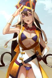 Rule 34 | 1girl, armpits, bare shoulders, bikini, black hair, breasts, cleavage, coat, earrings, fate/grand order, fate (series), hat, jewelry, large breasts, long hair, looking at viewer, necklace, open mouth, purple eyes, solo, standing, swimsuit, very long hair, xuangzang sanzang (fate)