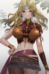 Rule 34 | 1girl, abs, absurdres, armor, blonde hair, bracelet, breasts, brigid (fire emblem), brown eyes, chil0107, cosplay, earrings, fire emblem, fire emblem: genealogy of the holy war, fire emblem: three houses, hand on own hip, headband, highres, huge filesize, jewelry, large breasts, looking at viewer, midriff, miniskirt, name connection, navel, necklace, nintendo, pantyhose, petra macneary, petra macneary (cosplay), resolution mismatch, shoulder armor, simple background, skirt, solo, source smaller, thighs