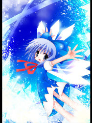 Rule 34 | 1girl, blue background, bow, catbell, circled 9, cirno, female focus, from side, smile, solo, touhou