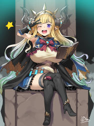 Rule 34 | 1girl, ;d, alternate breast size, alternate form, artist name, black footwear, blonde hair, blue eyes, blush, boots, breasts, cagliostro (granblue fantasy), cape, crossed legs, draph, full body, gradient hair, granblue fantasy, green hair, high heel boots, high heels, highres, horns, huge breasts, long hair, looking at viewer, multicolored hair, obui, one eye closed, open mouth, pointy ears, ribbon, shortstack, signature, sitting, smile, solo, thigh boots, thighhighs, thighhighs under boots, throne, v