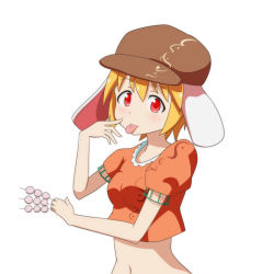 Rule 34 | 1girl, animal ears, blonde hair, cato (monocatienus), dango, flat cap, floppy ears, food, hat, looking at viewer, midriff, navel, orange shirt, out-of-frame censoring, puffy short sleeves, puffy sleeves, rabbit ears, red eyes, ringo (touhou), shirt, short sleeves, simple background, skewer, solo, tongue, tongue out, touhou, wagashi